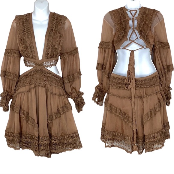 Rosevelvet Brown Cutout Lace-up Backless Dress - Picture 1 of 5